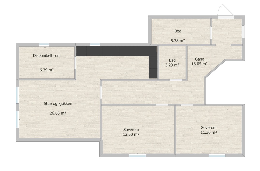 Plantegning som illustrerer plassering av kjøkken. Ikke målbar. 